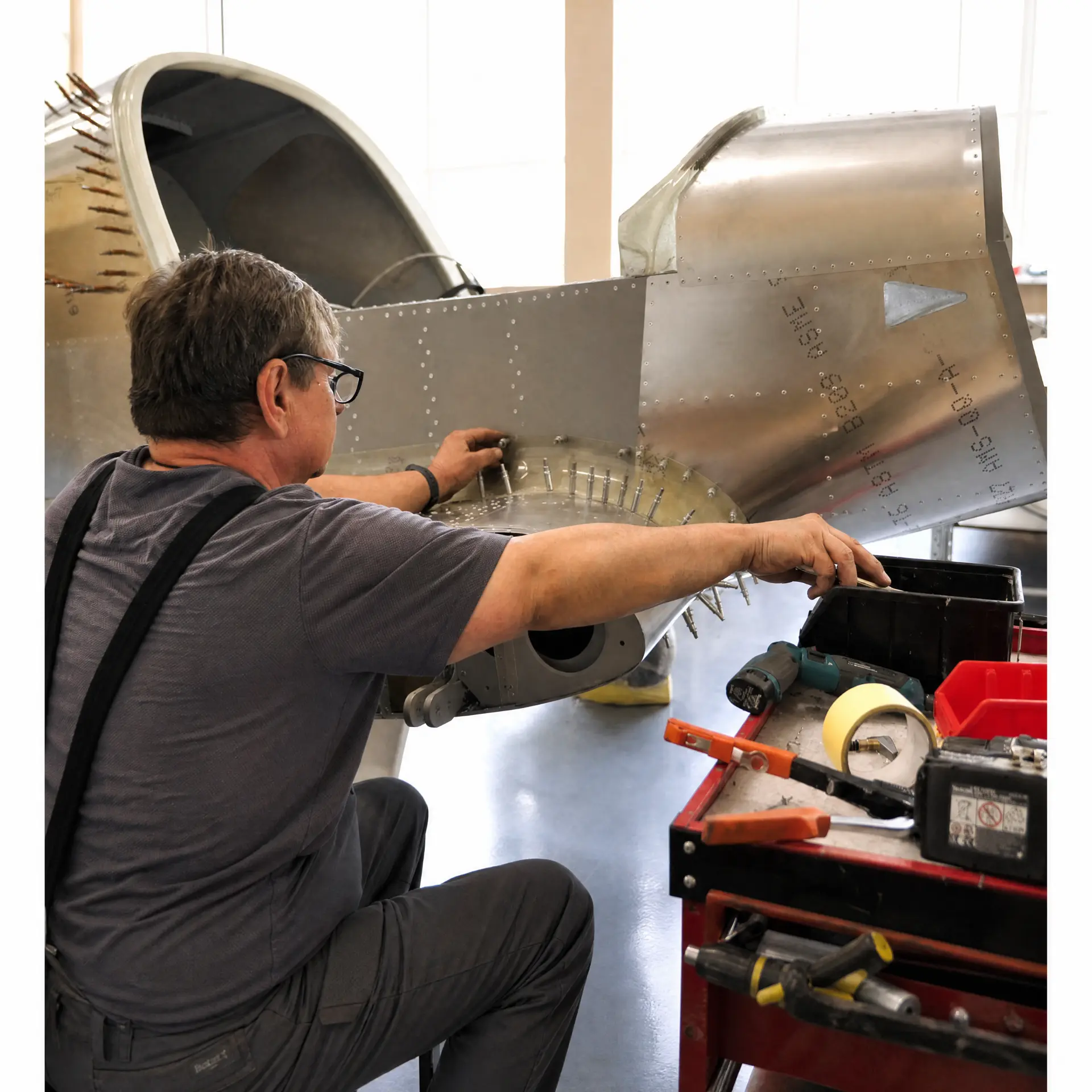Aerospace craftsman hand-riveting the all-aluminum Belmont airframe in Latvia