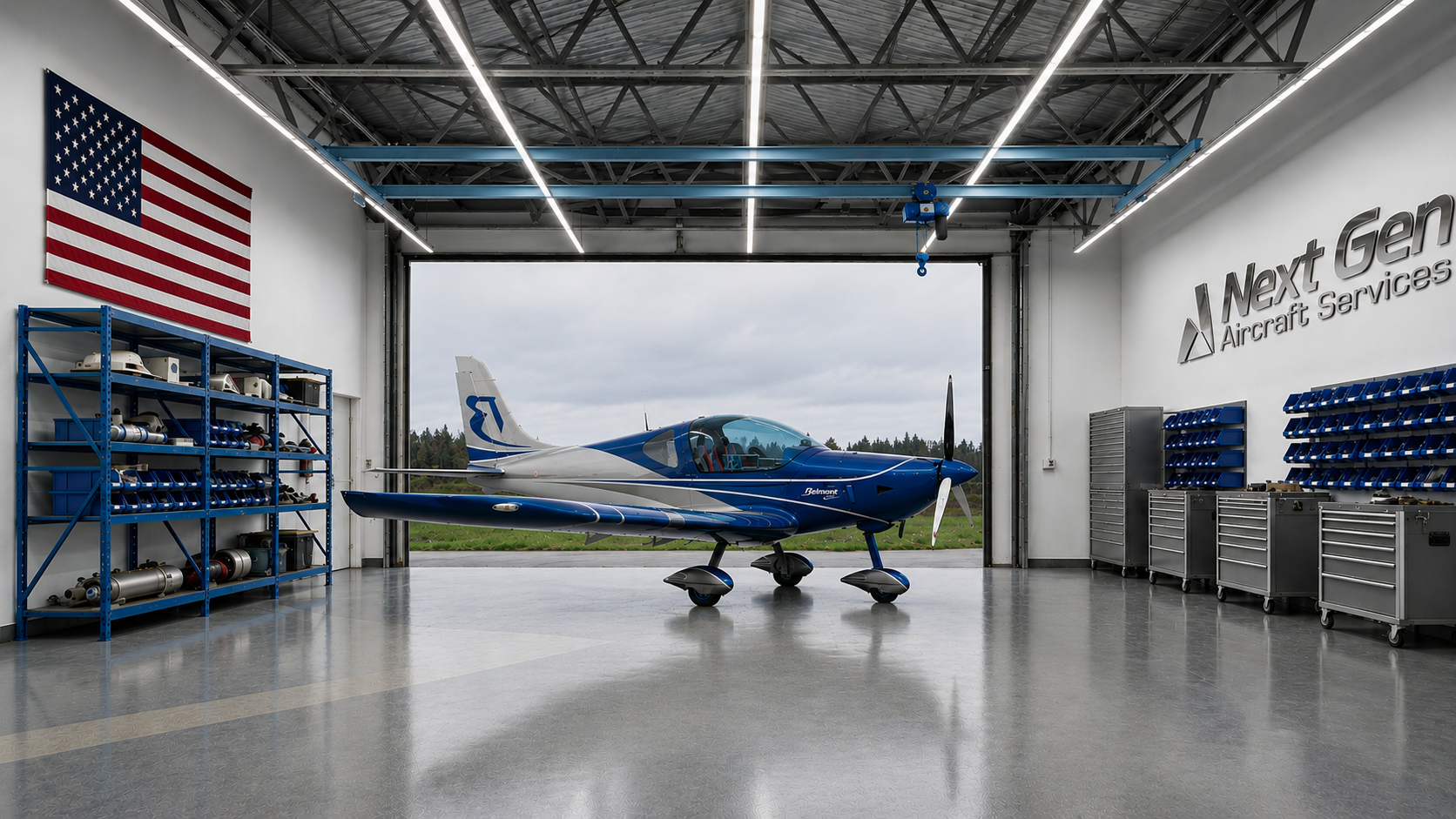 Blue Belmont LY-BNC inside the Next Gen Aircraft Services hangar in Palatka, Florida